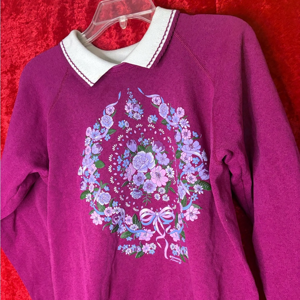 VINTAGE Morning Sun Magenta Floral cottage Sweatshirt Collared Crewneck Size L